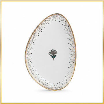 An oval white porcelain plate with a gold rim, decorated with a central floral motif and delicate black dotted lines around the edge, shown on a white background with a thin gold border.