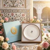 white base and blue floral design