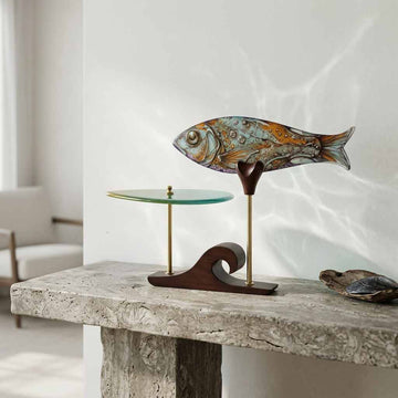 Decorative fish glass decor on a stand with a glass dish on a marble surface.