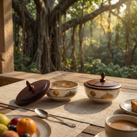Two decorative ceramic bowls with matching wooden lids are arranged on a wooden table outdoors, with a cup of coffee, fruit, and a spoon nearby. The background shows a lush, sunlit forest scene.