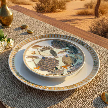 Decorative plate with nature-themed design on a textured surface with desert landscape in the background