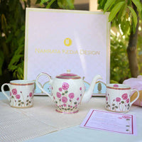 Saroja Tea set with pink & green floral design in the gift box
