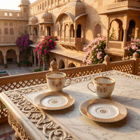 Two white ceramic teacups with gold floral detailing and matching saucers set on an ornate carved marble table, with a traditional Indian palace courtyard in the background.