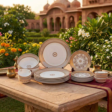 Set of decorative ceramic plates and bowls on a wooden table with a garden and architectural background.