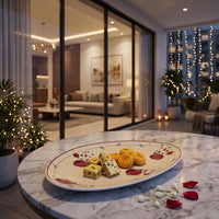 A decorative oval serving platter with pomegranate patterns holds small sweets and petals on a marble table, with a modern living room visible through large glass doors in the background.