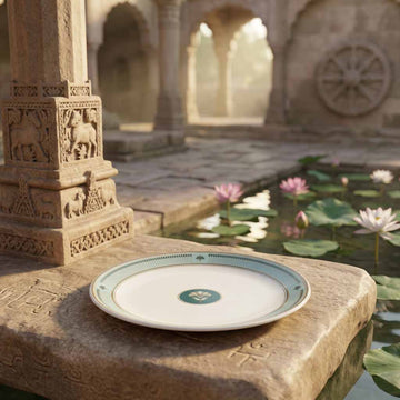 Decorative plate on a stone ledge with a pond and lotus flowers in the background