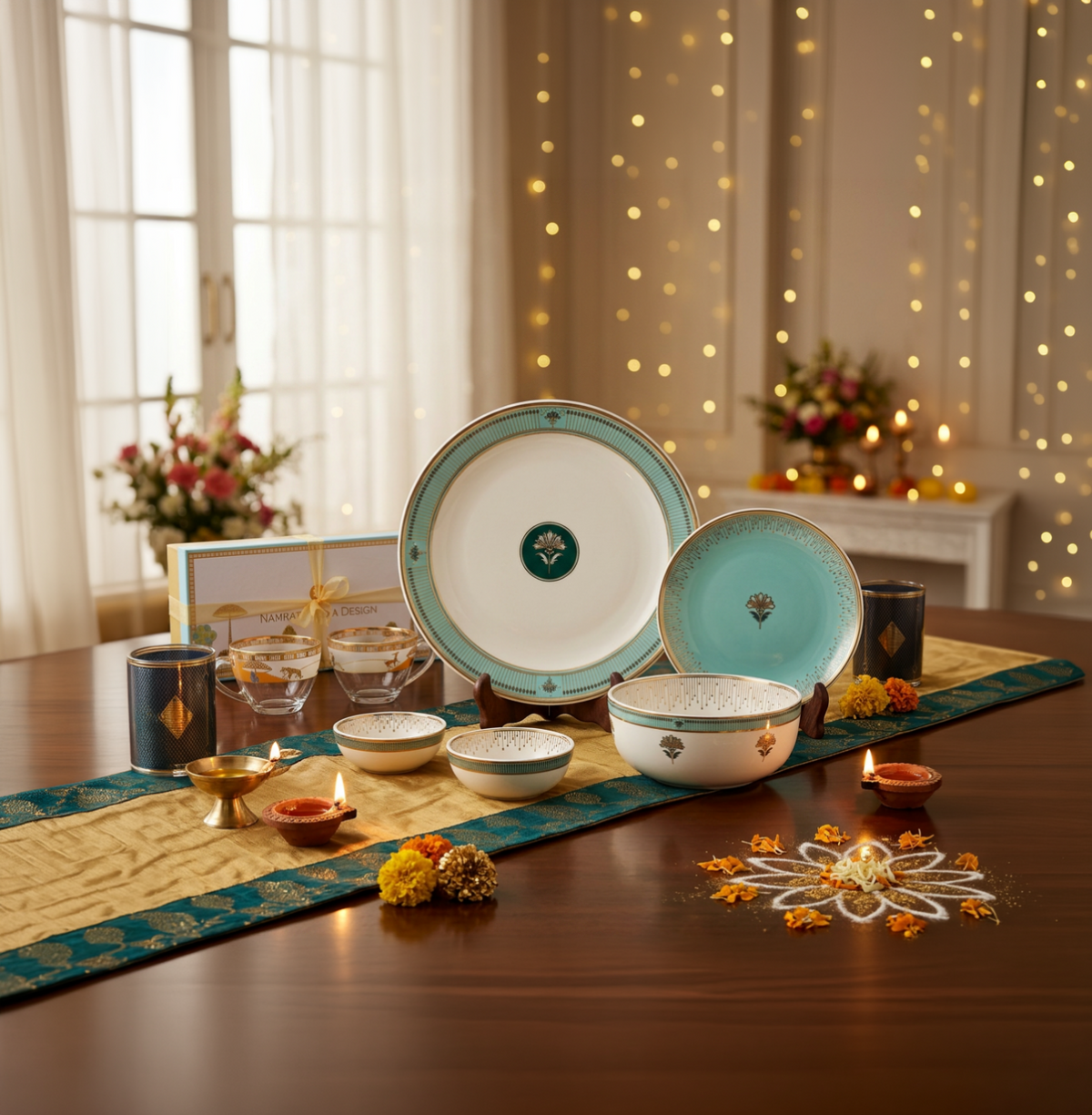 A styled tabletop display of a teal and gold ceramic dinnerware set, including plates and bowls, arranged on a decorated table runner with candles, flowers, and warm string lights in the background.