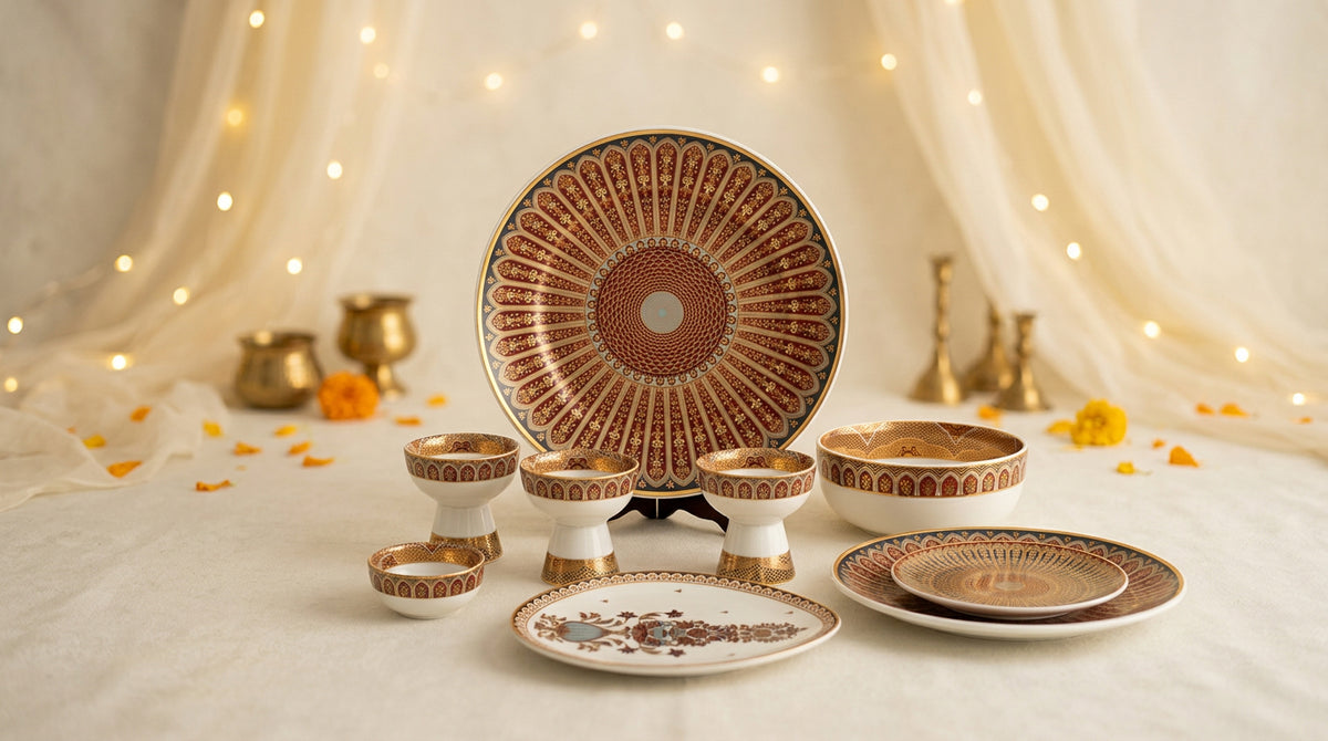 A coordinated set of decorative ceramic tableware arranged on a draped white fabric surface with warm string lights in the background. The set includes a large round platter, several bowls, cups, and plates with a warm brown and cream patterned design.