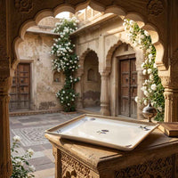 A square ceramic serving tray and delicate floral illustrations, displayed on an ornate carved stone table in a traditional courtyard with arches and climbing white flowers.