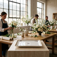 A rectangular white ceramic serving tray with a subtle blue floral motif and gold trim sits on a stone in a bright, sunlit craft studio. In the background, workers are seen arranging white rose bouquets at wooden tables.