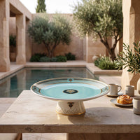 A round ceramic cake stand with a light aqua blue top, gold trim, and a white pedestal base sits on a stone table in a sunlit courtyard beside a pool, with cups and a pastry nearby.