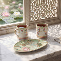 A matching tea set with two cream-colored mugs and an oval plate, decorated with pink lotus flowers and gold foil accents, arranged on a marble windowsill with a water lily pond view in the background.