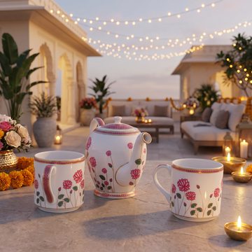 A set of white ceramic tea serving pieces with pink floral patterns and gold trim, including a teapot and two matching cups, arranged on a stone terrace at dusk with warm string lights and candles in the background.