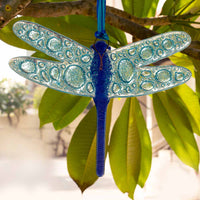 Gorgeous Hanging Dragonflies Studio Glass - Aqua Big Bubbles & Ink Blue