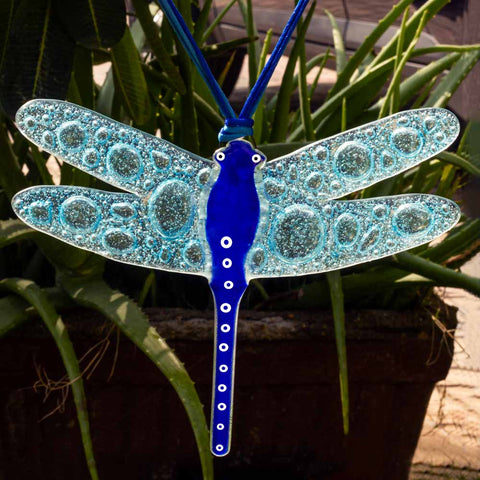 Gorgeous Hanging Dragonflies Studio Glass - Aqua Big Bubbles & Ink Blue