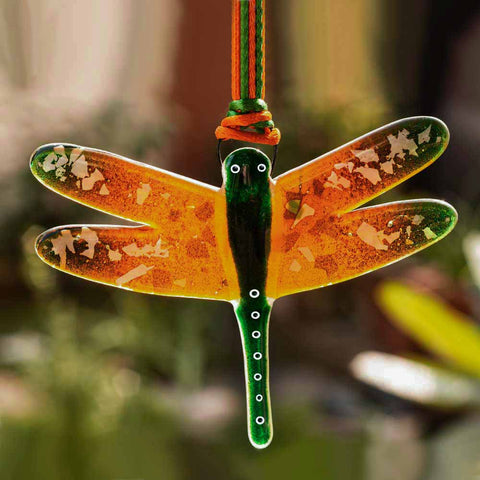 Gorgeous Hanging Dragonflies Studio Glass - Orange & Green