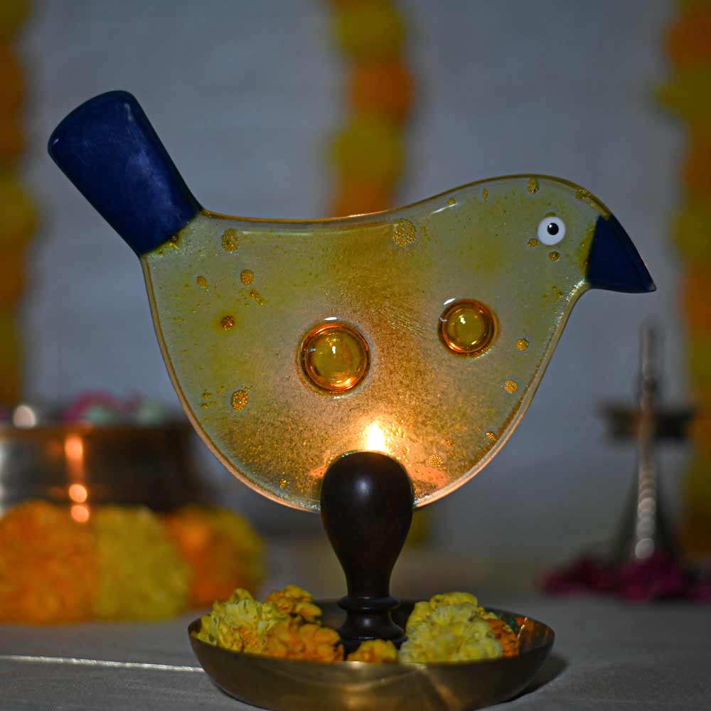 'Chidiya Chirag' - Bird T-Light Lamps - Light Yellow & Blue