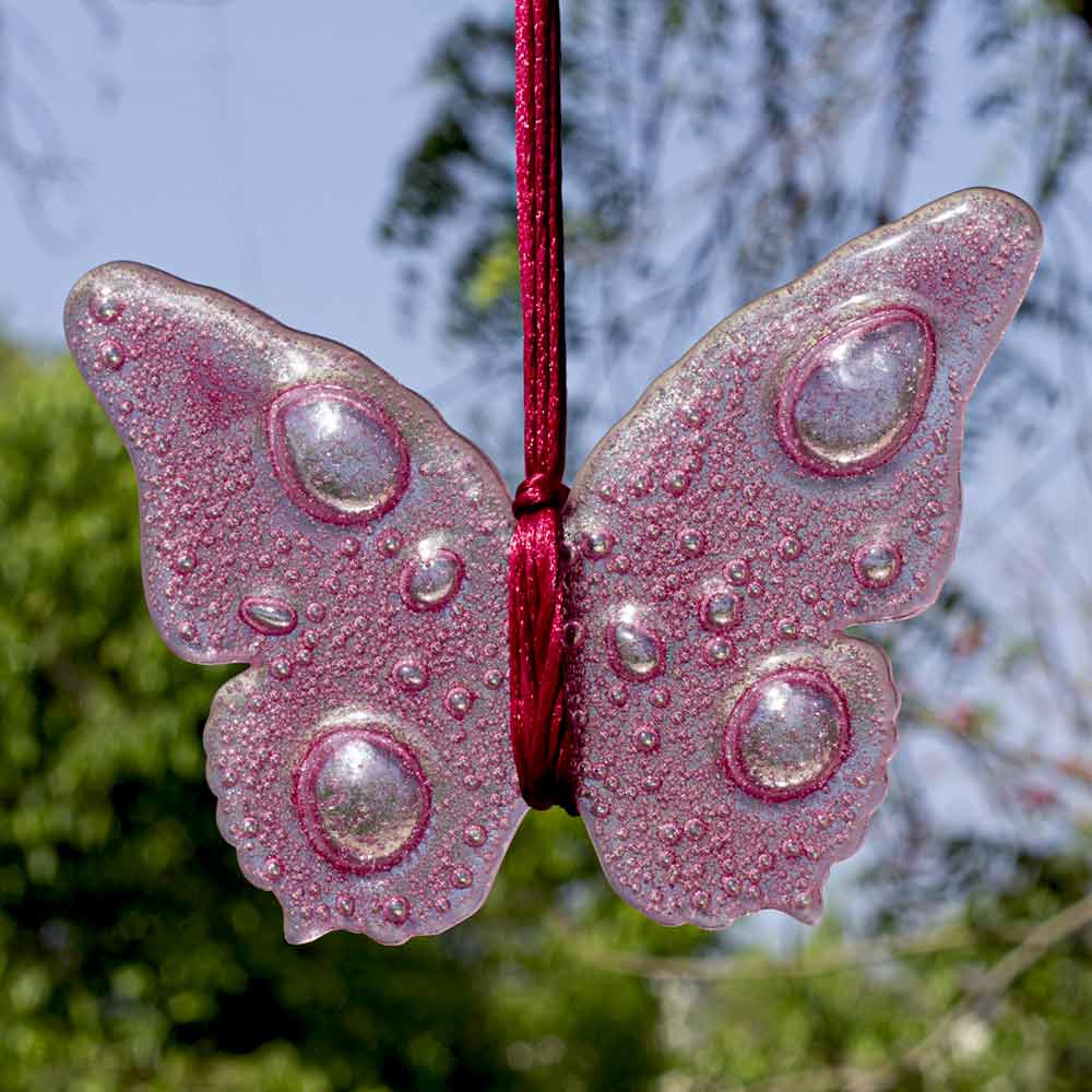Sweet Hanging Butterflies Studio Glass - Dark Pink Bubbles