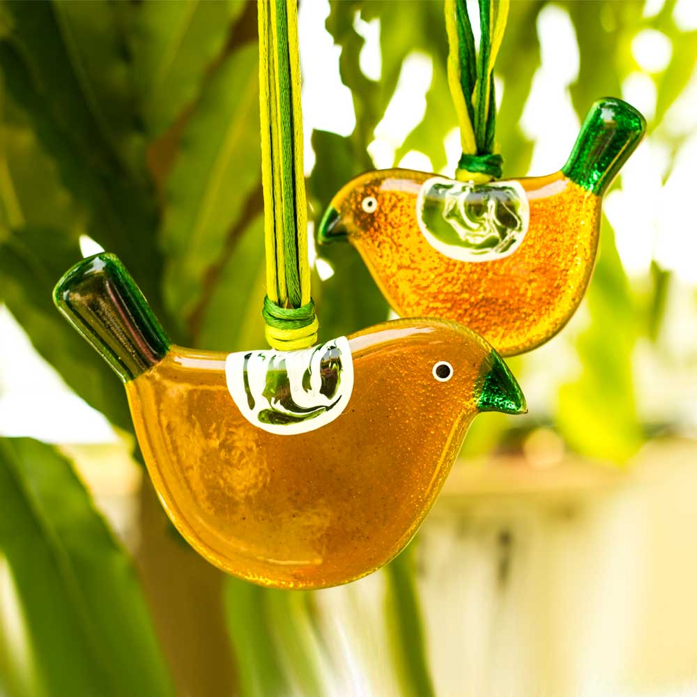 Little Quirky Studio Glass Hanging Birds - Yellow Ochre Green